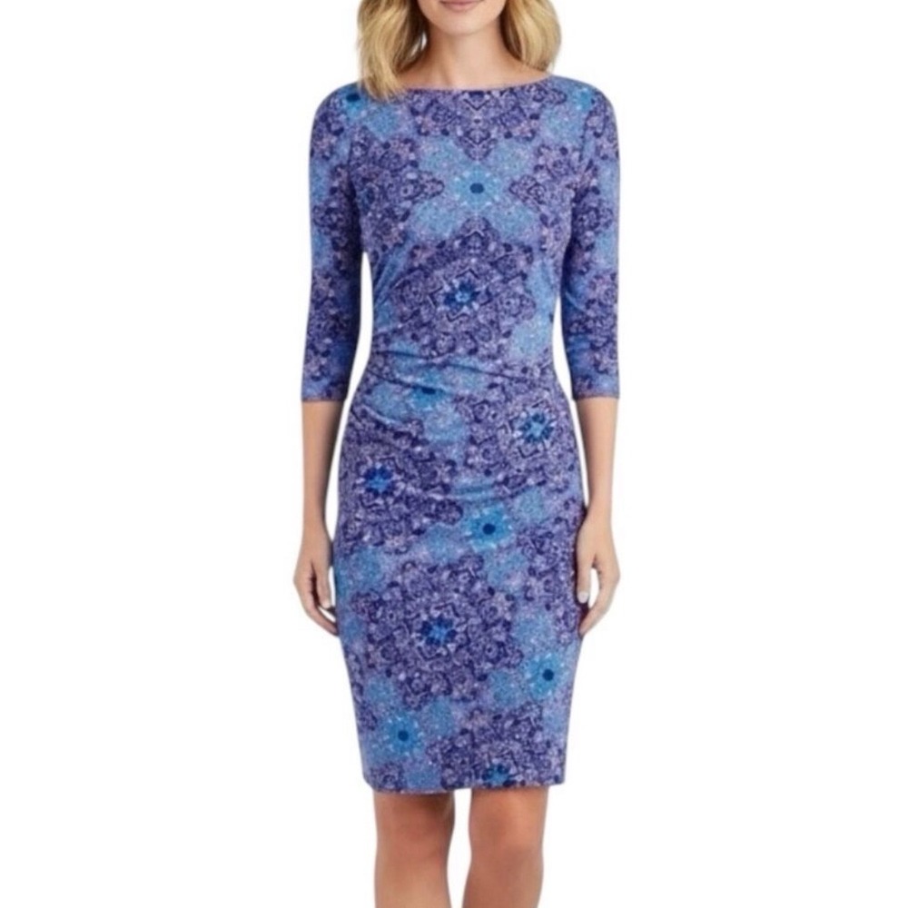 J.McLaughlin Sage Ruched Sheath Dress‎ vibrant blue purple Astor Tile Print M